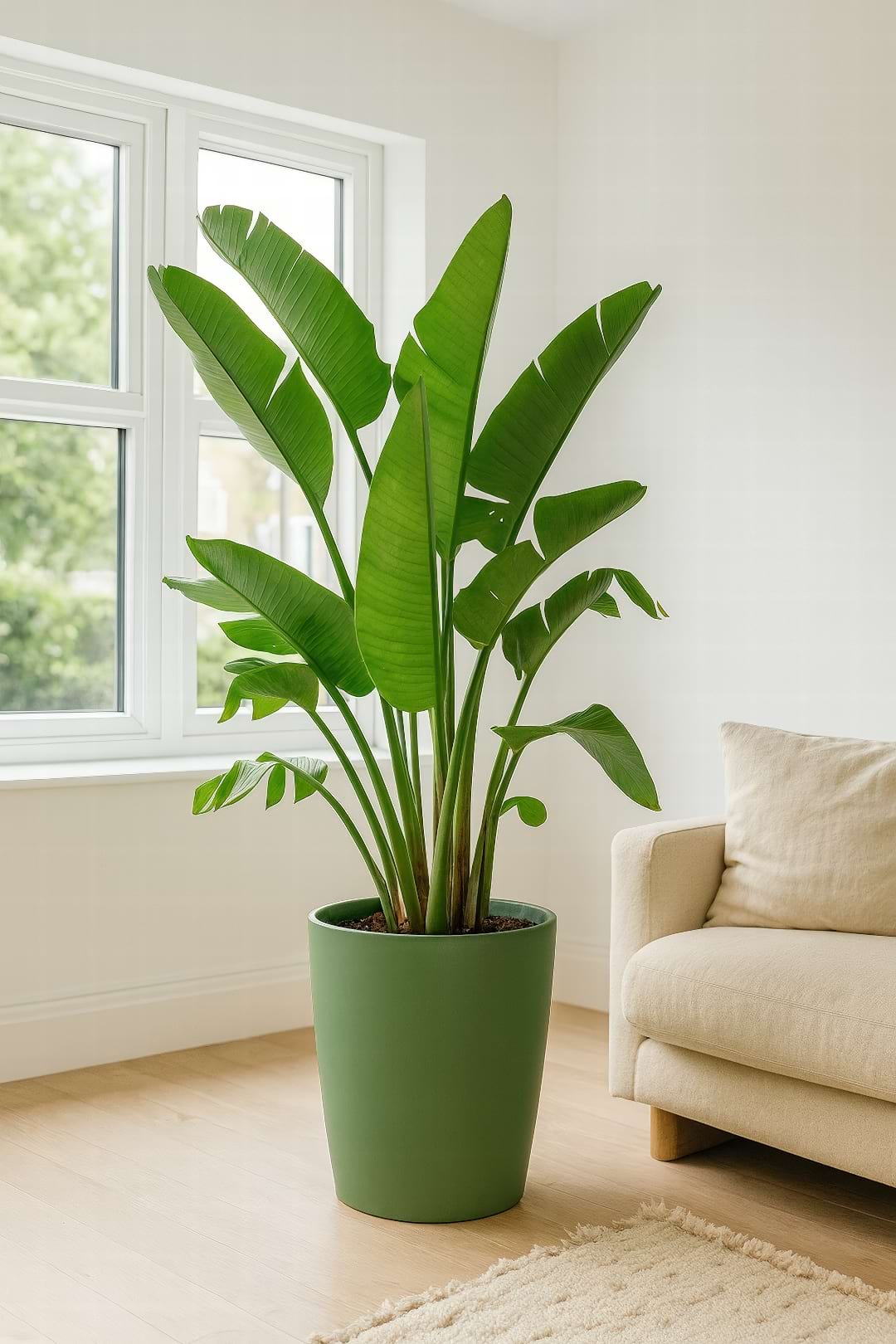 A majestic Bird of Paradise plant with its large, banana-like leaves, which releases moisture into the air.