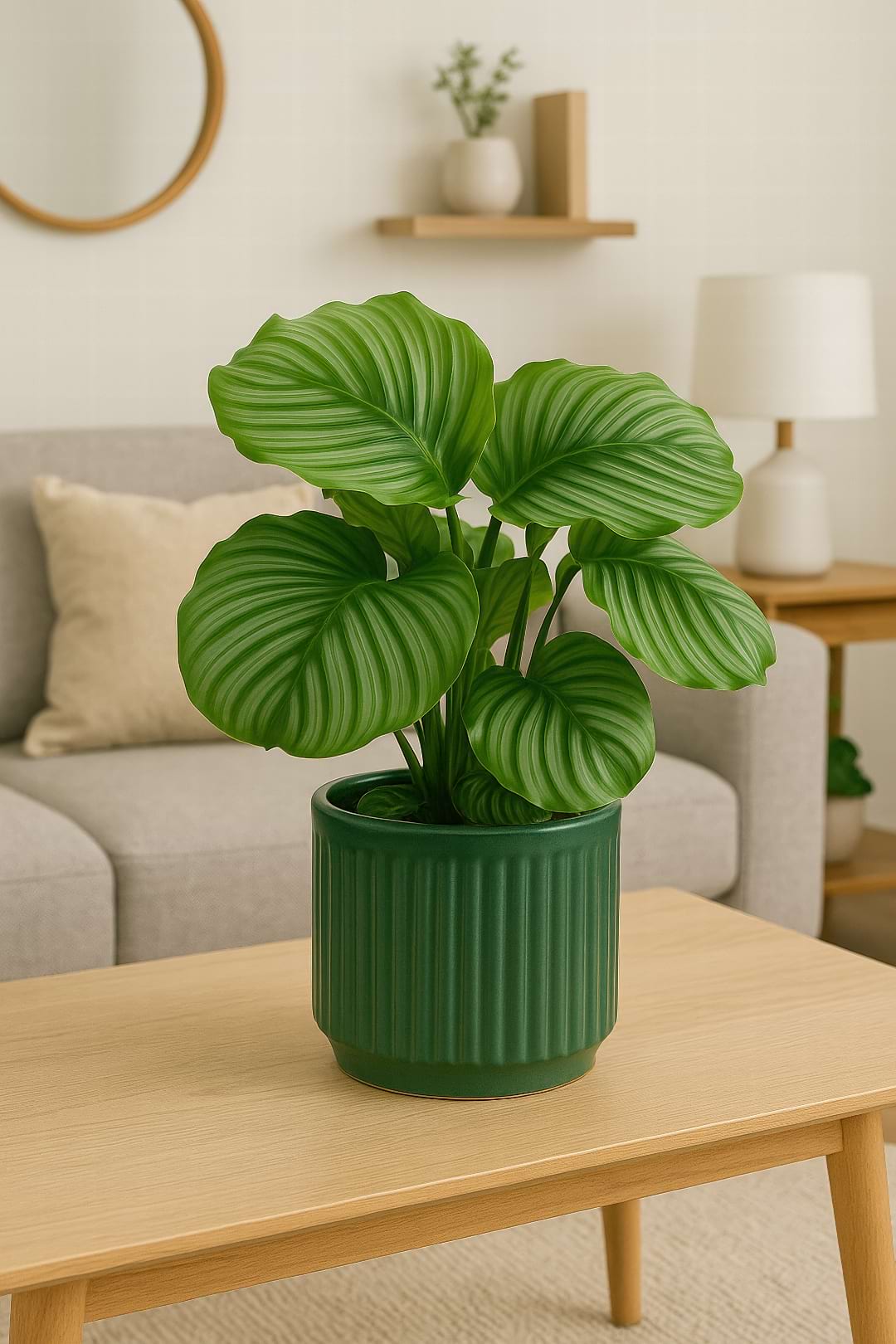 A stunning Calathea Orbifolia with its large, round, striped leaves, thriving in a humid environment.