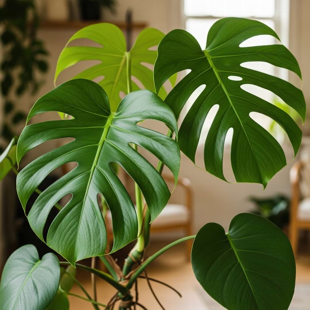 A majestic Monstera Deliciosa with water droplets on its large, fenestrated leaves, indicating a humid setting.