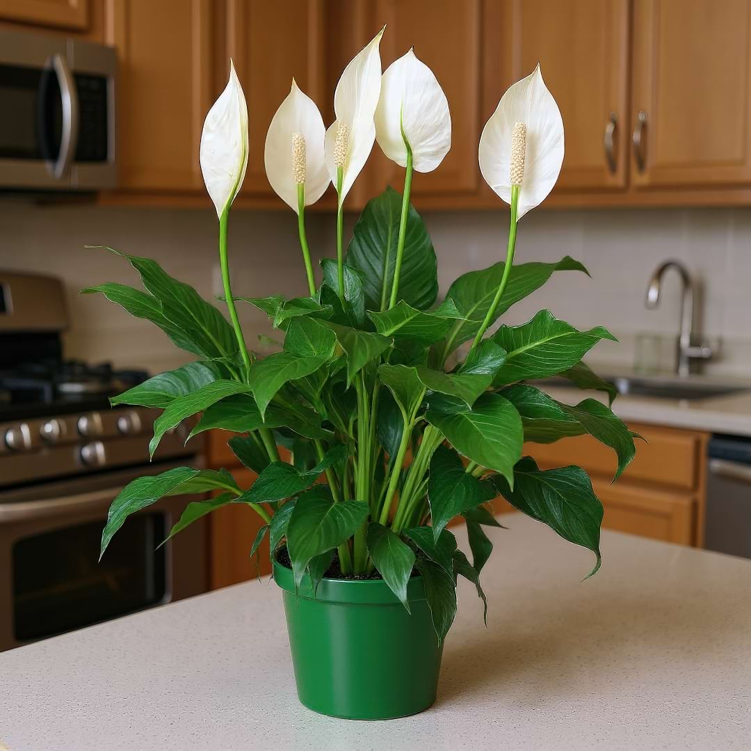 An elegant Peace Lily with its dark green leaves and iconic white flower, a plant that enjoys humidity.