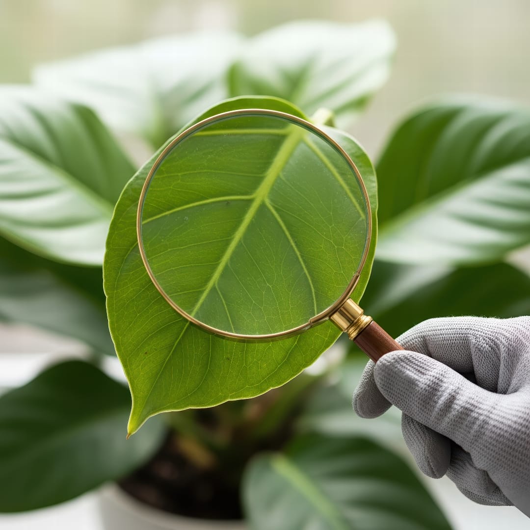 A close-up of a hand holding a magnifying glass to inspect the underside of a green leaf for pests.