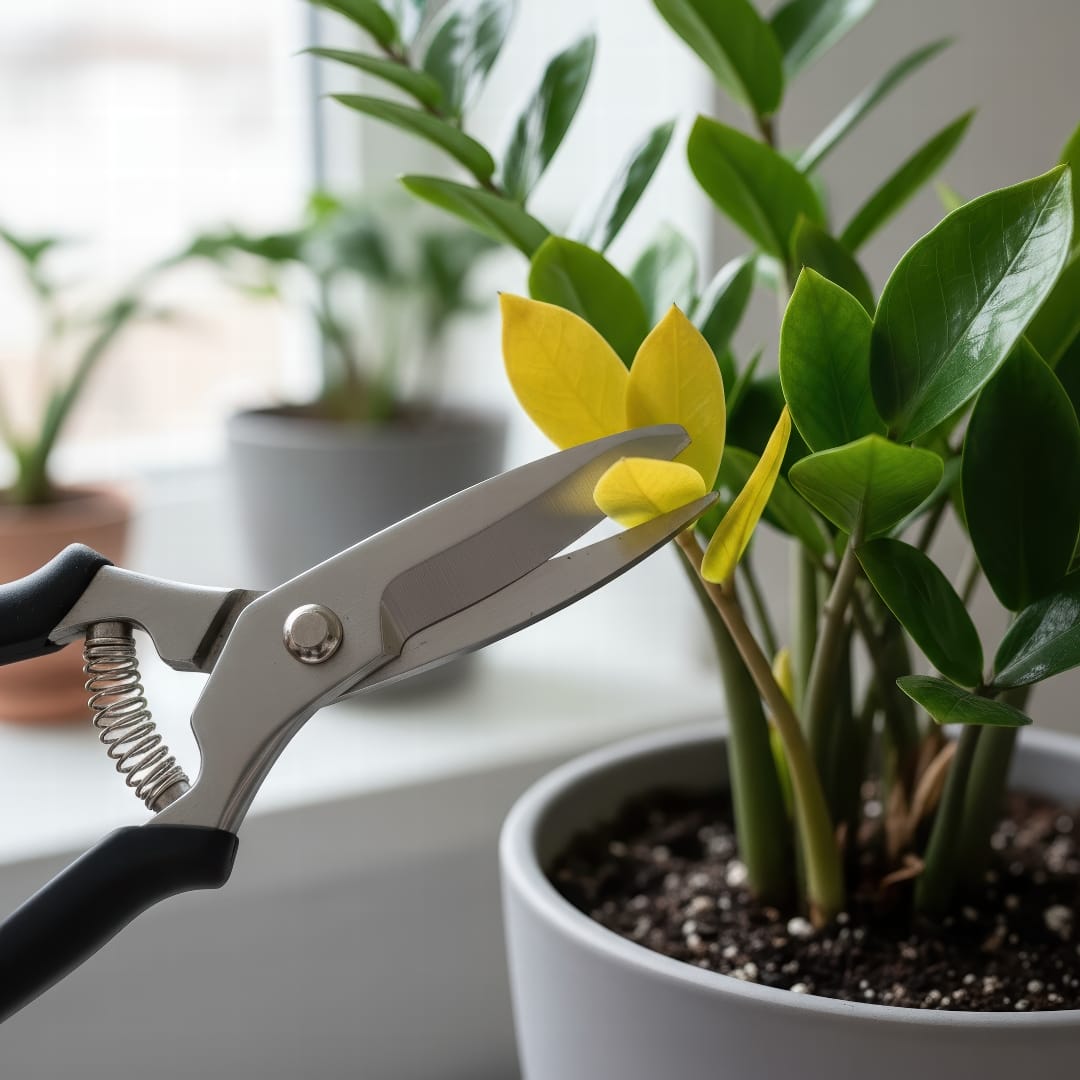 A pair of clean pruning shears carefully cutting a yellowing leaf from a ZZ plant.
