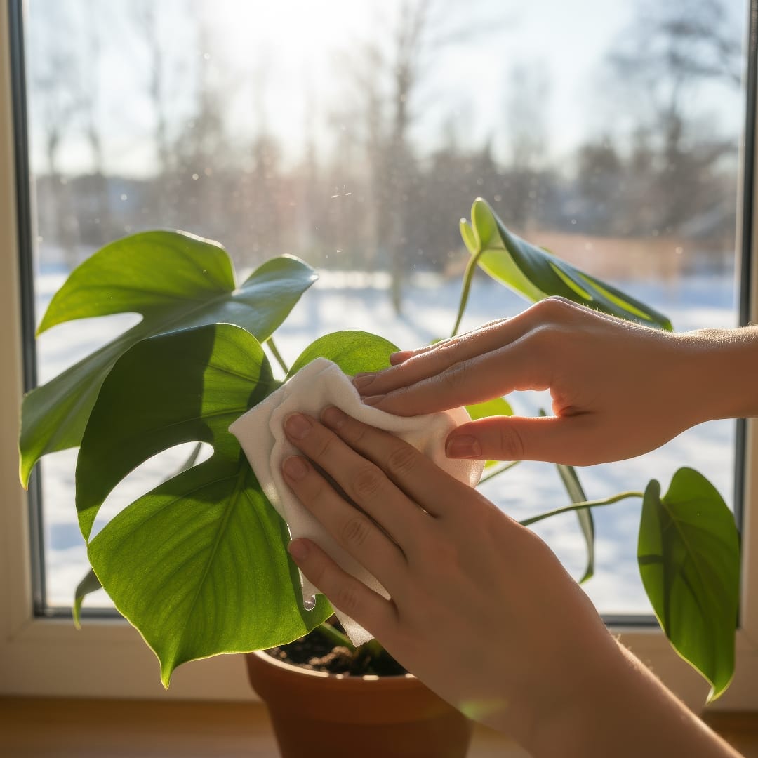 A person wiping a houseplant leaf with a soft cloth beside a bright window.
