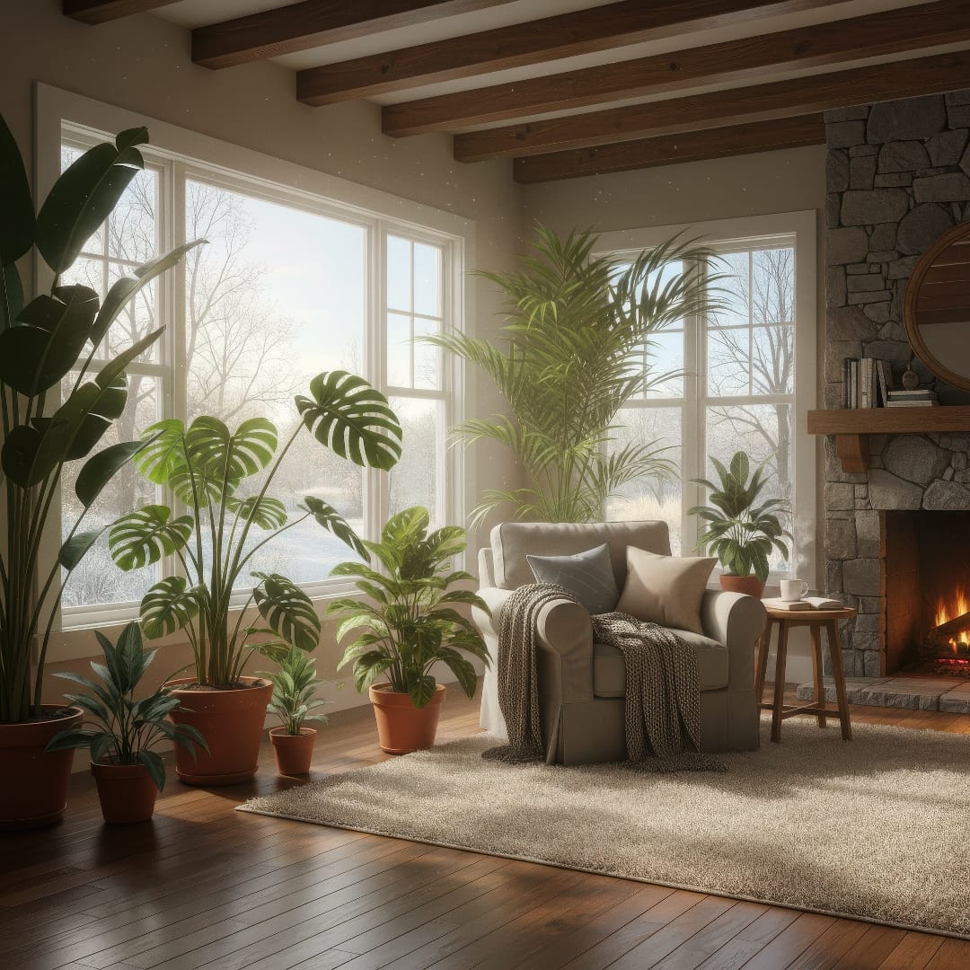 Houseplants arranged near a bright south-facing window on a sunny winter morning.