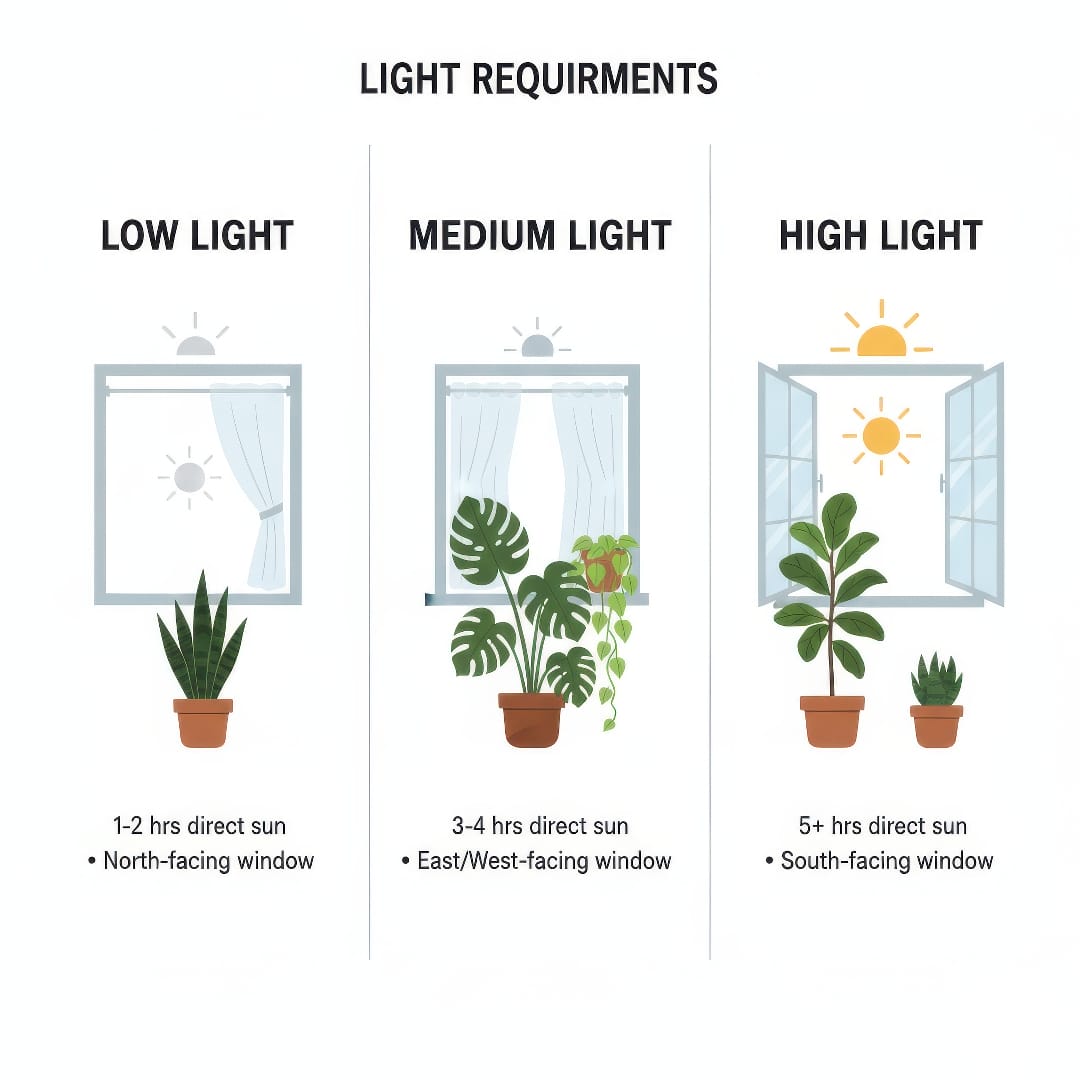 Illustrated chart comparing light levels needed for different houseplants in winter.