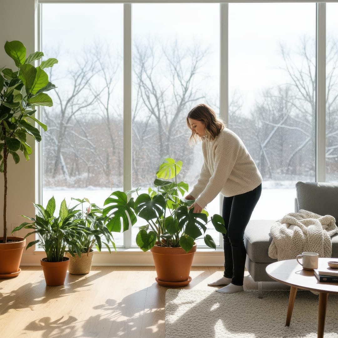A person moving a potted plant closer to a sunny south-facing window.