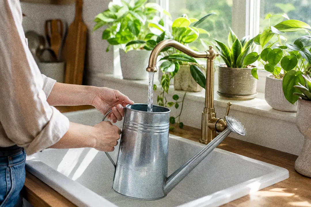 A watering can being filled at a kitchen tap beside a row of houseplants.