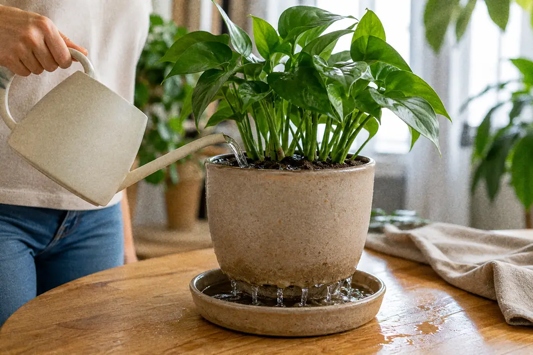 Watering a houseplant deeply until water drains from the pot