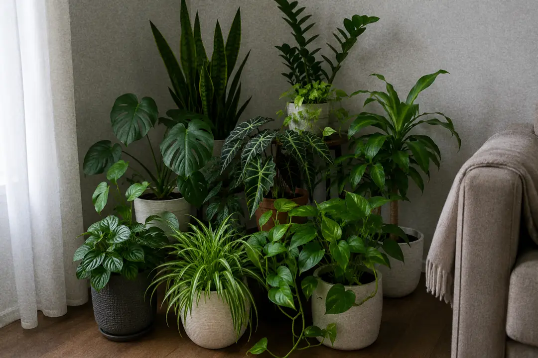 Houseplants grouped together in a shaded corner before a trip