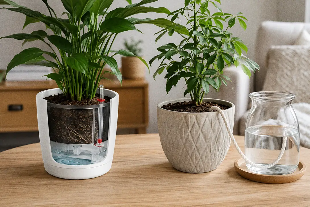 A self-watering pot and a wick-watering jug set up for vacation