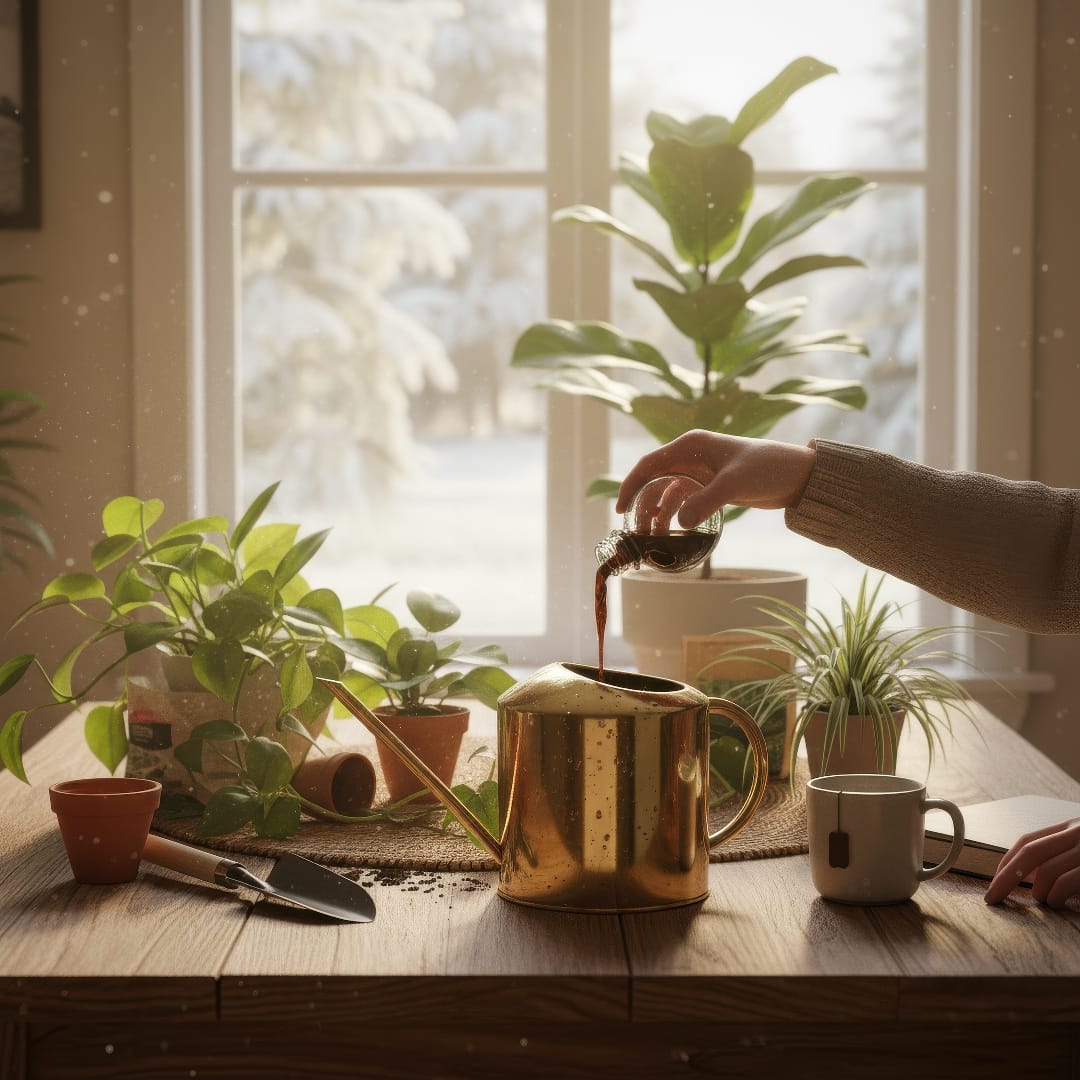 A person diluting liquid fertilizer in a watering can before feeding indoor plants.