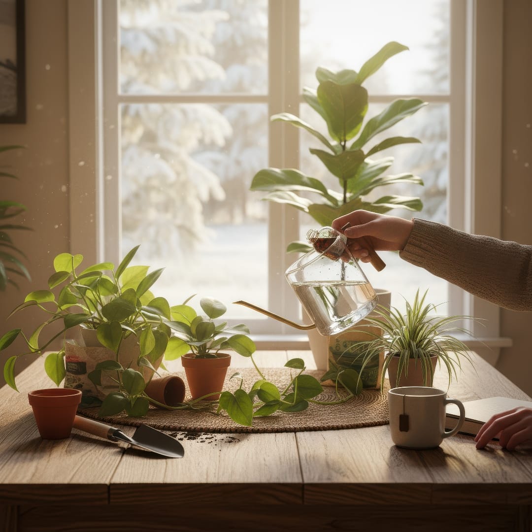 A person adding diluted liquid fertilizer to a watering can beside healthy houseplants in winter light.