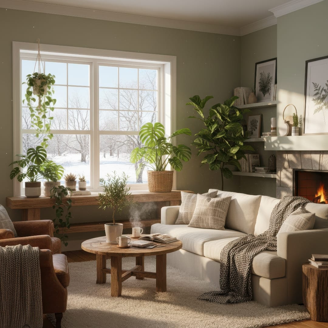 A cozy living room filled with green houseplants thriving by a sunny winter window.