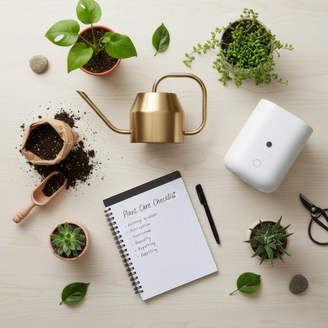 Flat lay of watering can, humidifier, and potted plants as part of a winter care checklist.