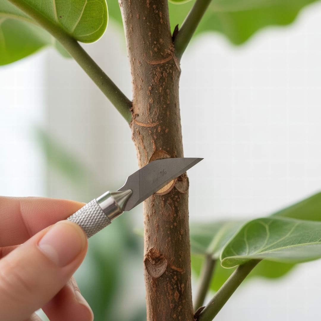 A close-up of a sharp craft knife making a clean, upward-slanting cut into the woody stem of a Fiddle Leaf Fig.