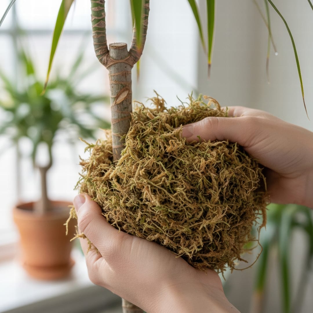 Hands carefully packing a ball of moist sphagnum moss around the wounded section of a plant stem.