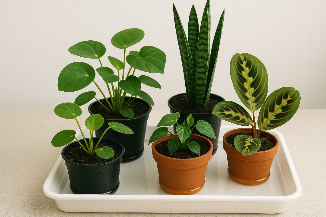 Several houseplants in nursery pots sitting in a white tray filled with water, demonstrating the bottom watering technique.