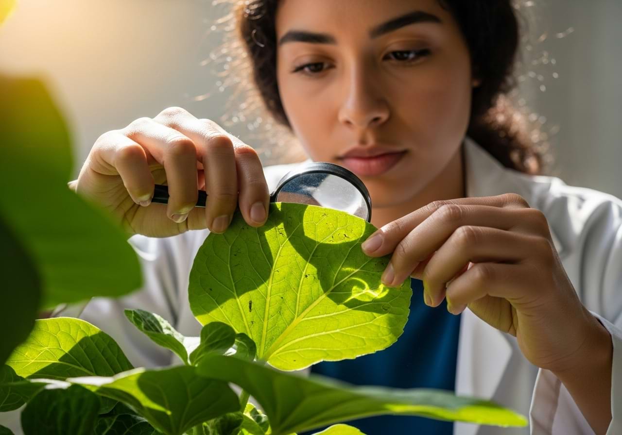 A close-up of a person carefully inspecting the underside of a plant leaf for pests.
