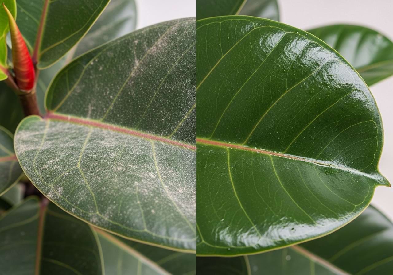 A side-by-side comparison on one leaf, half dusty and half wiped clean and glossy.