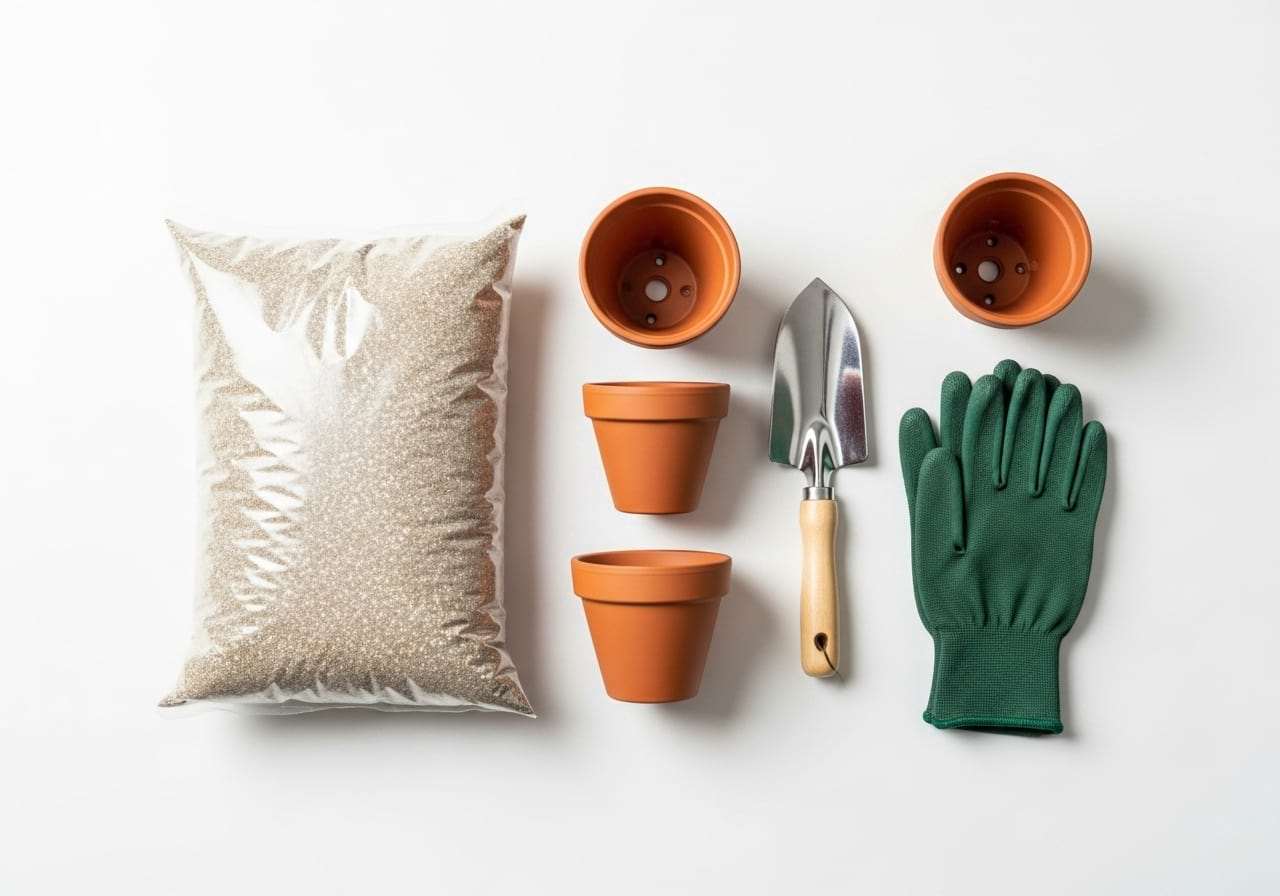 A flat lay of repotting supplies like fresh soil, pots, and a trowel.