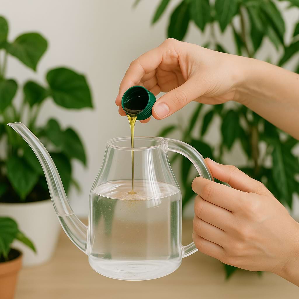 A person's hands adding a measured amount of liquid fertilizer to a watering can.