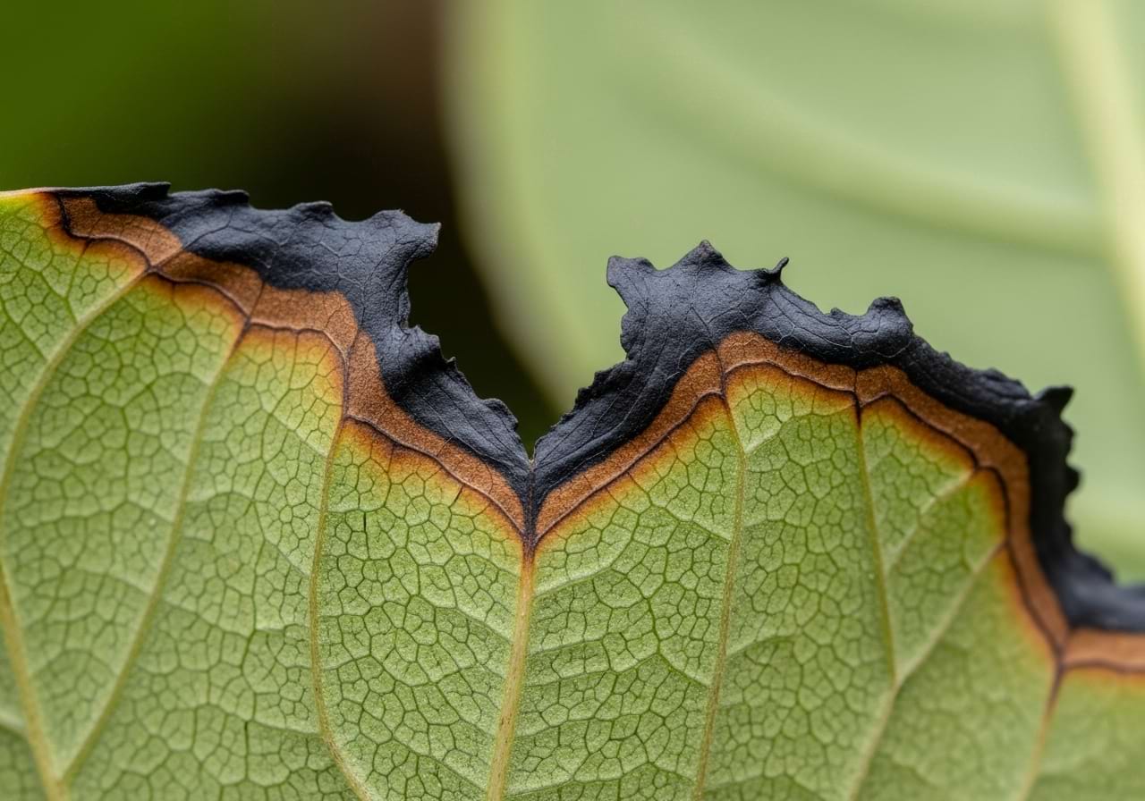 A close-up of a leaf with dark brown, crispy edges, showing signs of fertilizer burn.