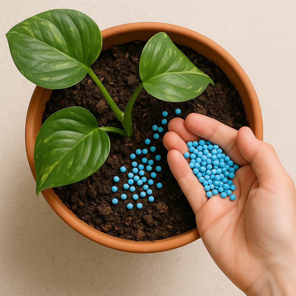 A hand sprinkling small fertilizer beads onto the topsoil of a houseplant.