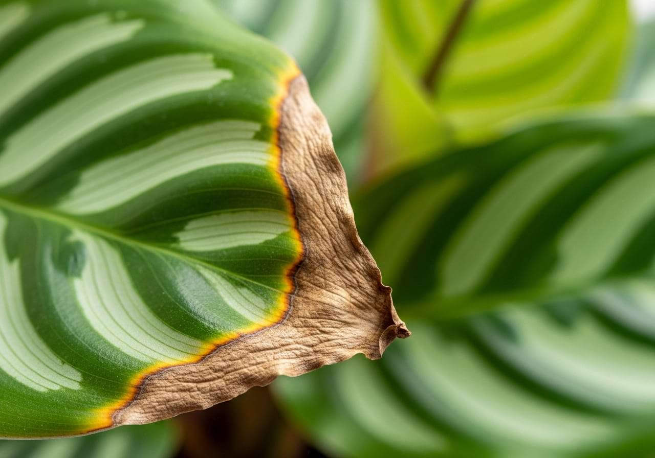 A close-up of a houseplant leaf with dry, brown, crispy edges, a classic sign of low humidity.