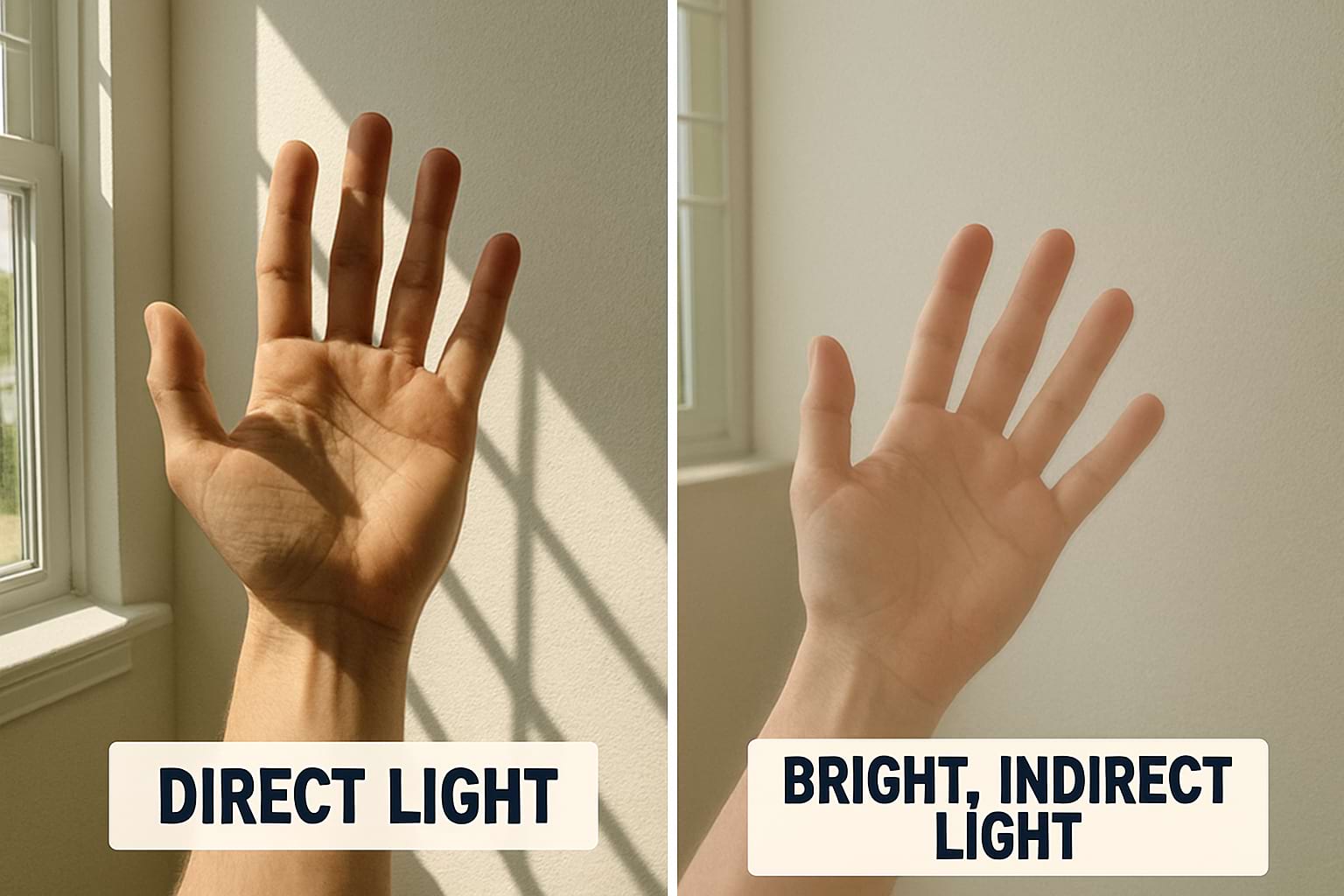 A side-by-side comparison of a hand casting a sharp shadow (direct light) and a soft shadow (indirect light).