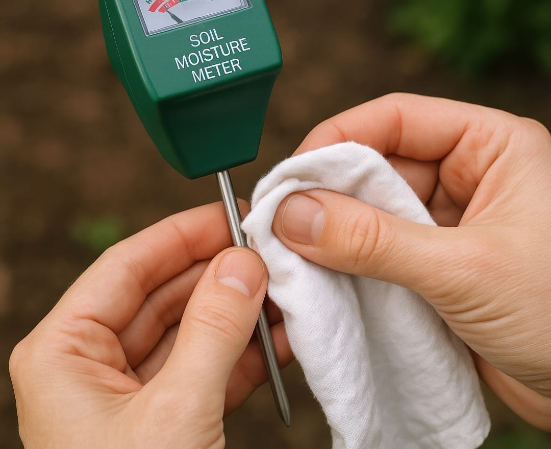 A person carefully wiping the metal probe of a soil moisture meter with a clean cloth.