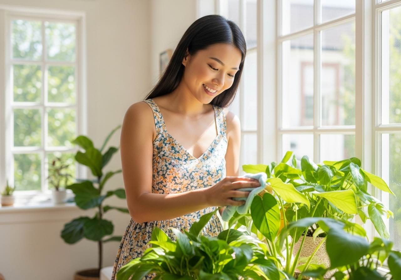 A person happily caring for houseplants