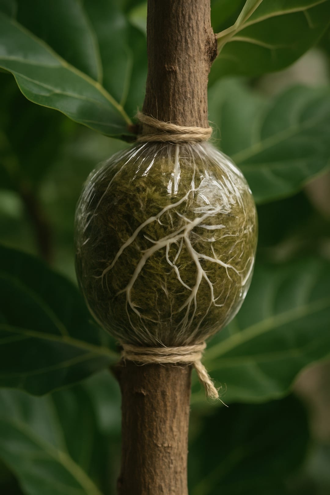 A Fiddle Leaf Fig stem wrapped with a ball of sphagnum moss and clear plastic, showing new white roots growing inside.