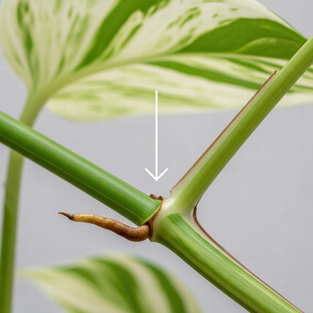 A macro shot of a Pothos stem with an arrow pointing to a small brown bump, the node, where an aerial root is beginning to form.