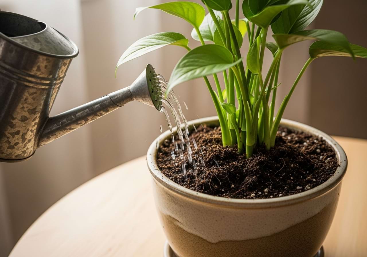 A newly repotted plant being watered in its new, larger pot.
