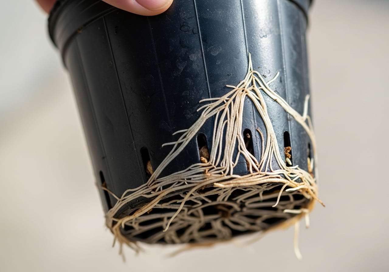 A close-up of houseplant roots growing out of the drainage holes of a plastic pot.