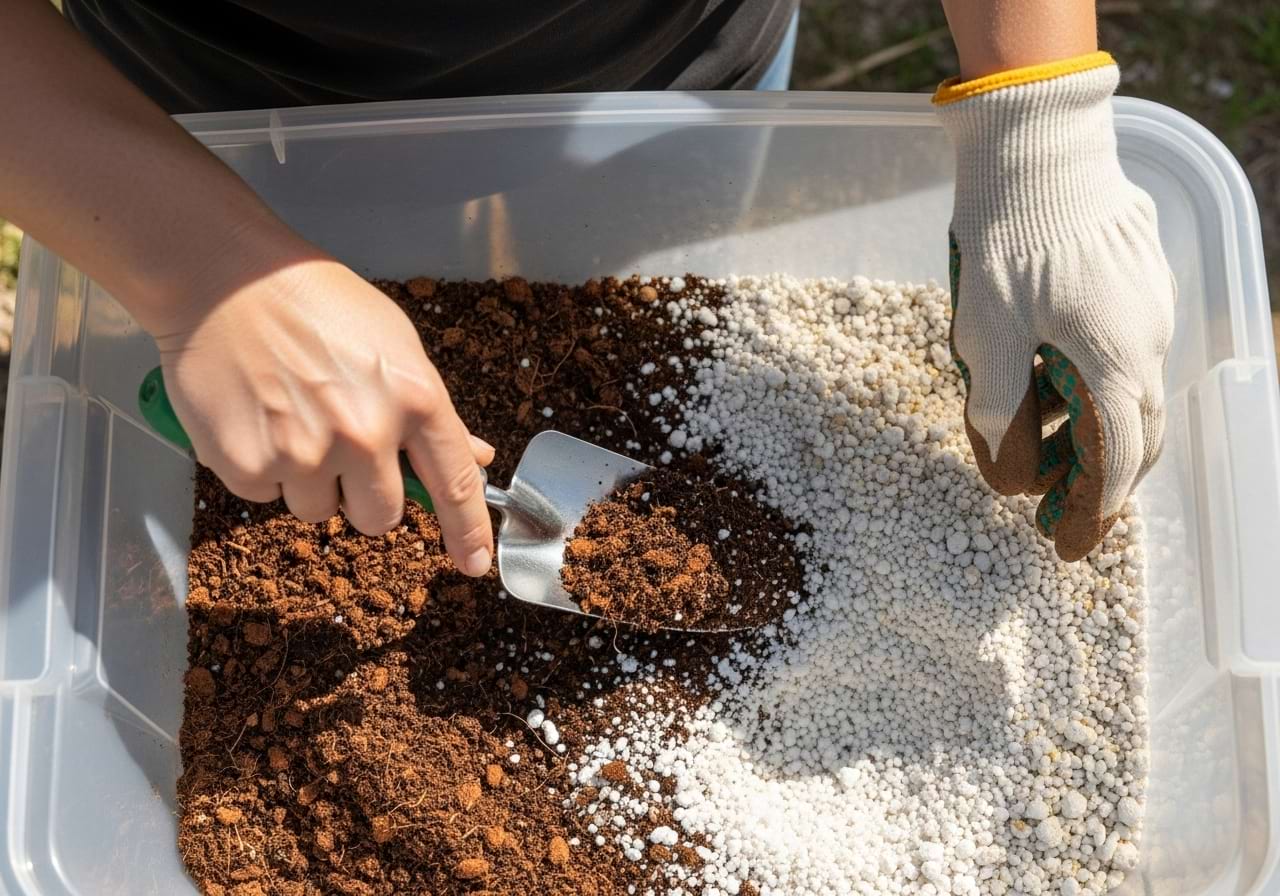 A person's hands mixing soil ingredients in a large bin with a trowel.