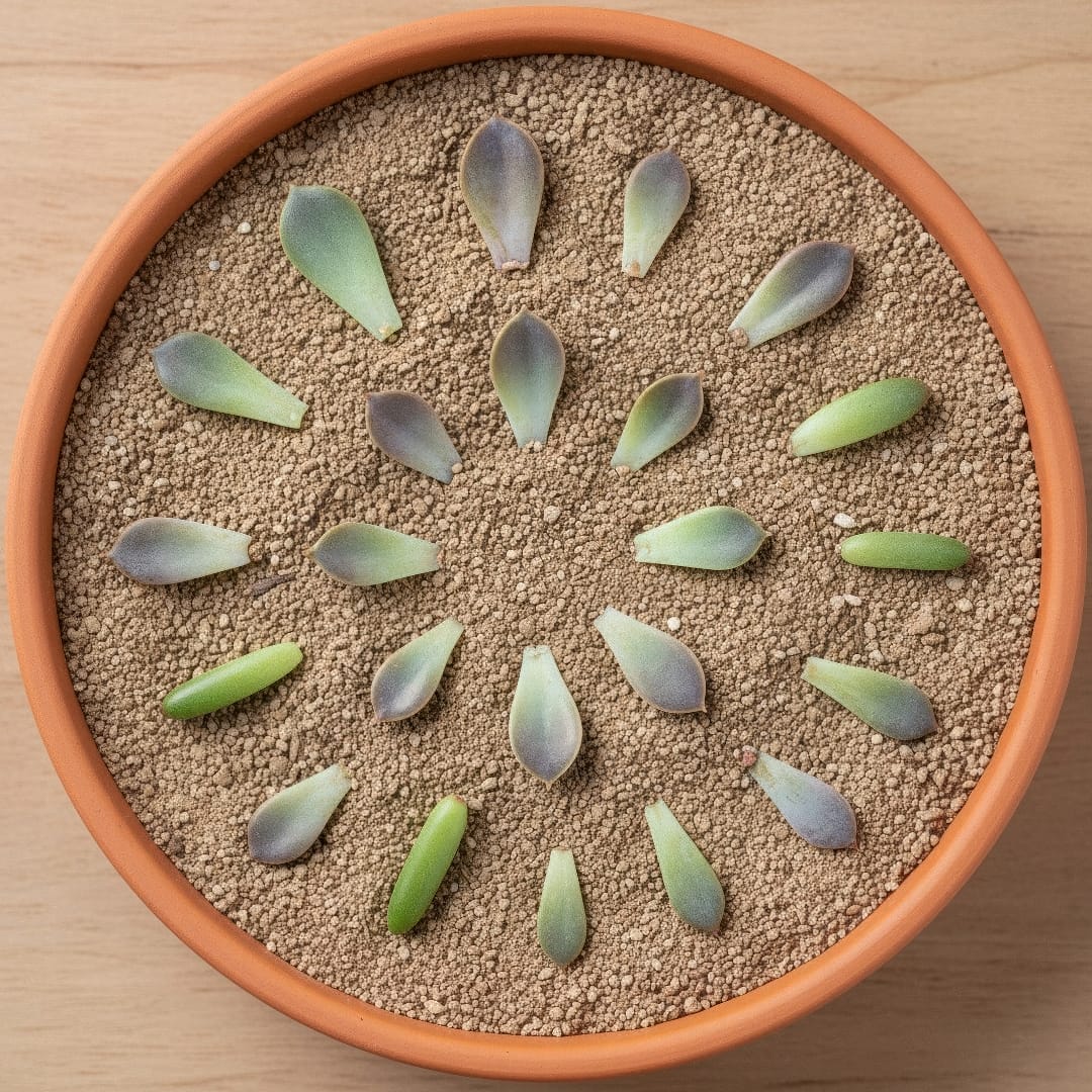 A shallow tray filled with dry succulent soil, with a dozen calloused succulent leaves laid neatly on top, ready to propagate.