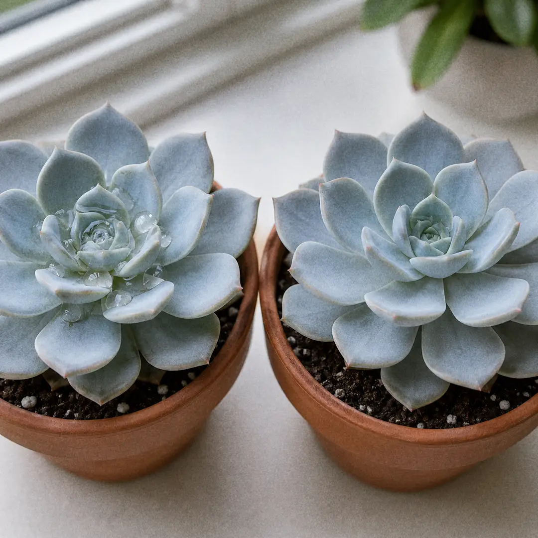 A close-up of an Echeveria rosette with droplets of water pooled in its center, next to a correctly watered plant with a dry crown and damp soil.