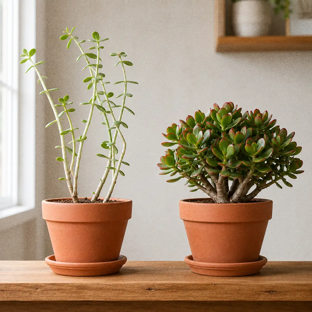 Two Jade Plants side by side, one stretched and leggy with widely spaced leaves, the other compact with thick red-edged foliage.