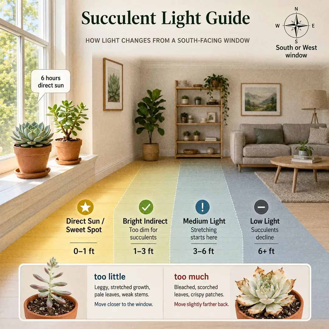 A labeled diagram showing where to place succulents relative to a south-facing window, marking the direct-sun sweet spot at the glass and the too-dark zone further into the room.