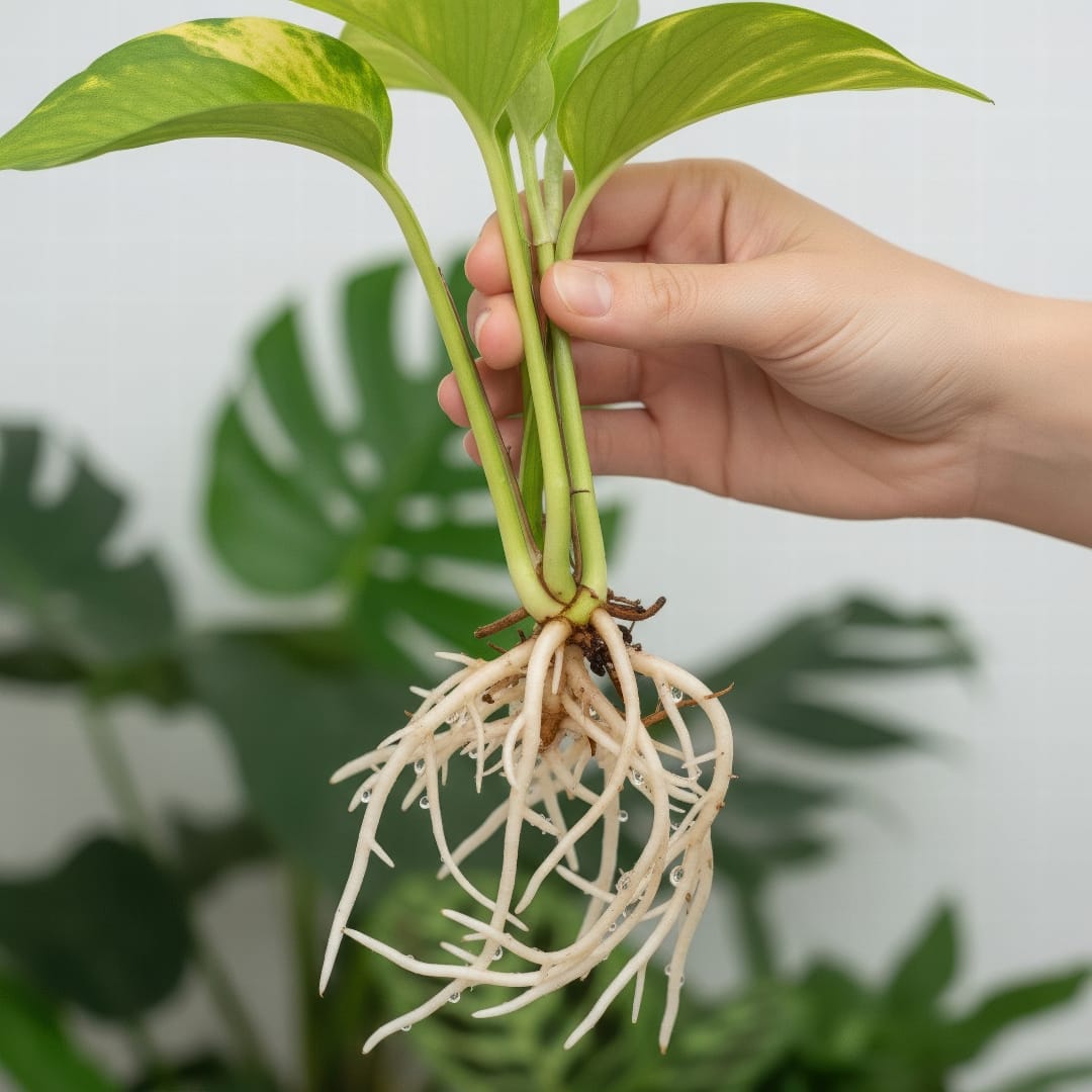 A plant cutting held up to the light, showing a healthy root system that is about one to two inches long, ready for soil.