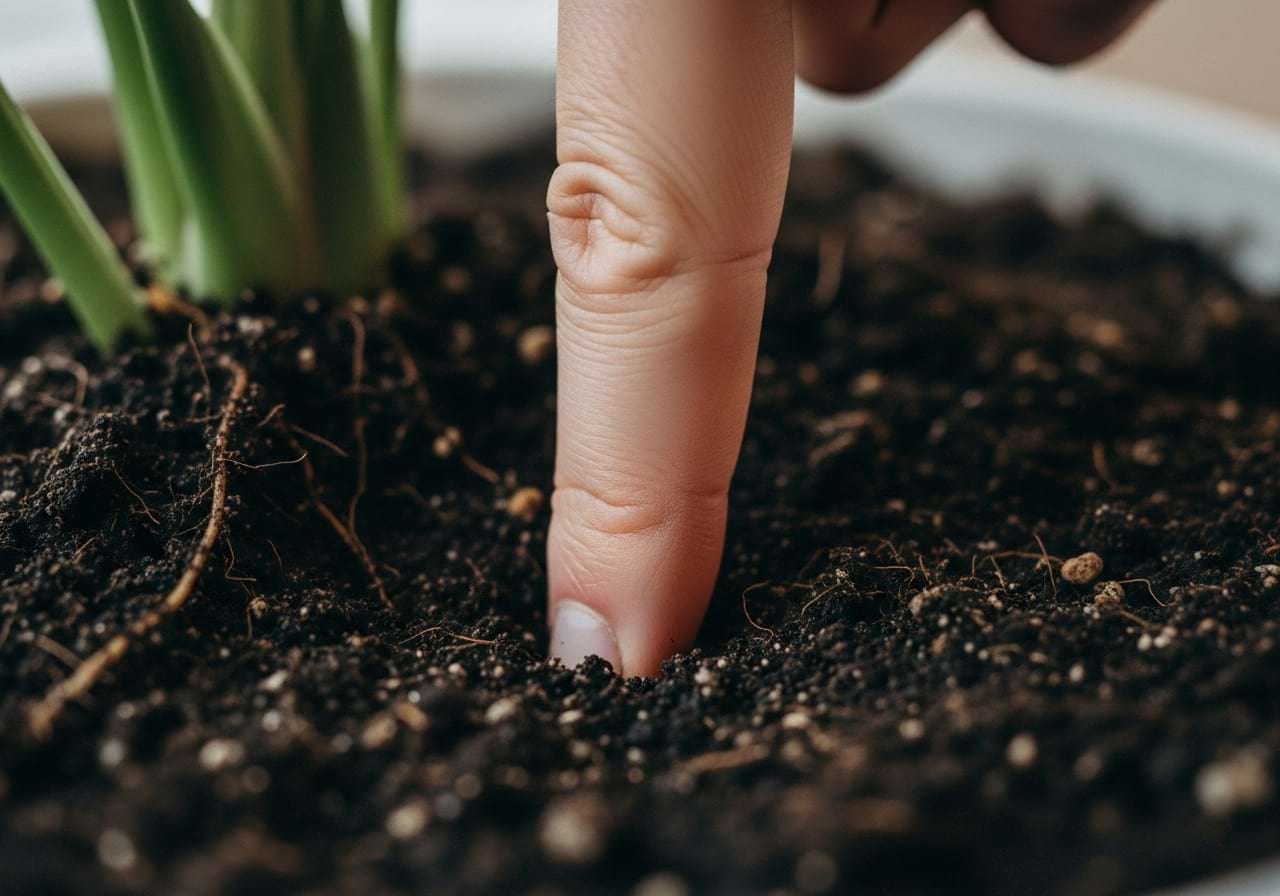A person's finger inserted into the soil of a potted plant to check for moisture.