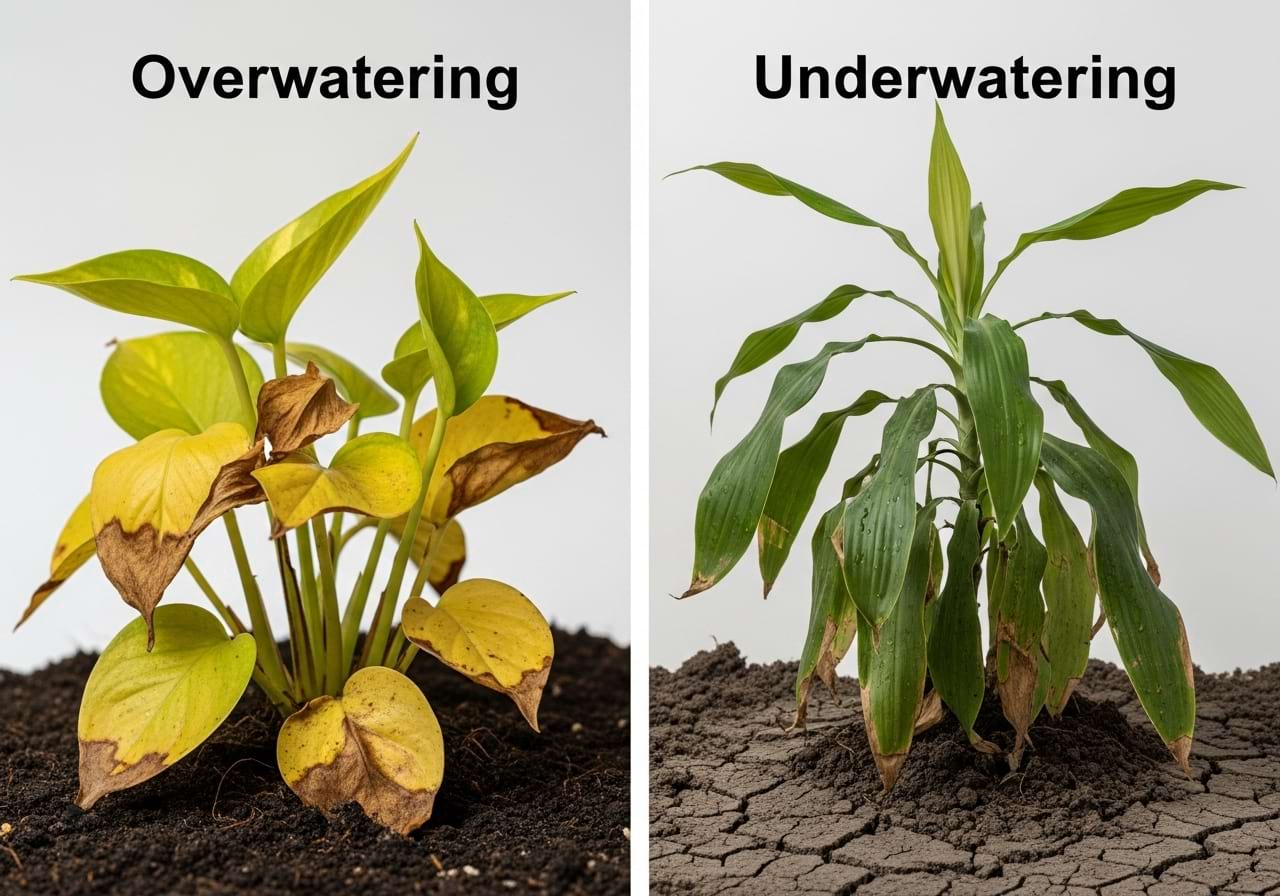 A side-by-side comparison showing an overwatered plant with yellow leaves on the left, and an underwatered plant with crispy brown edges on the right.