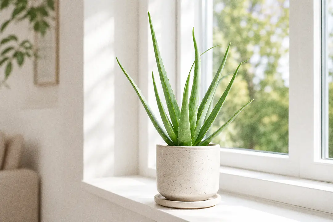 An aloe vera plant with plump, spiky leaves on a sunny windowsill