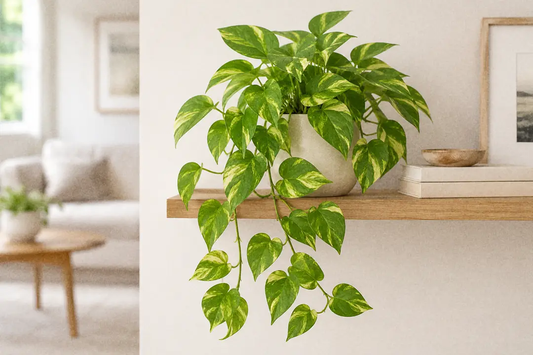 A trailing golden pothos cascading from a shelf