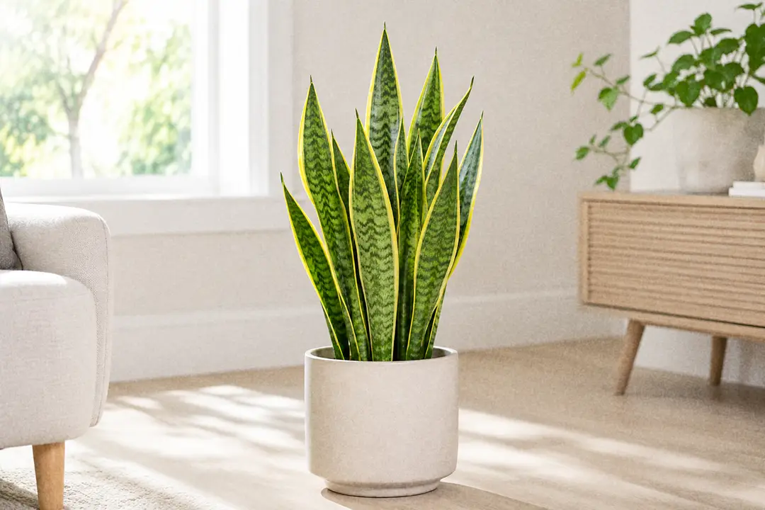 A tall snake plant with upright striped leaves in a bright room
