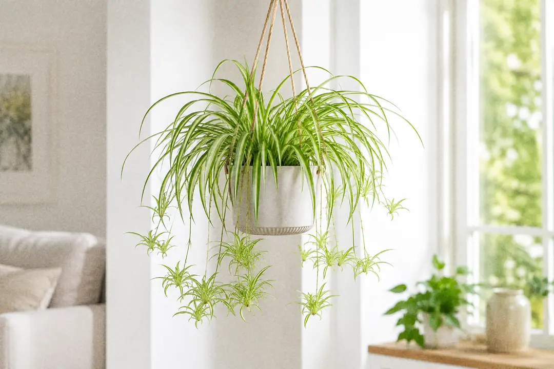 A spider plant with arching variegated leaves and baby plantlets in a hanging pot