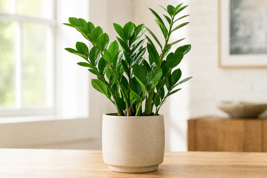 A glossy ZZ plant with deep green leaves in a ceramic pot
