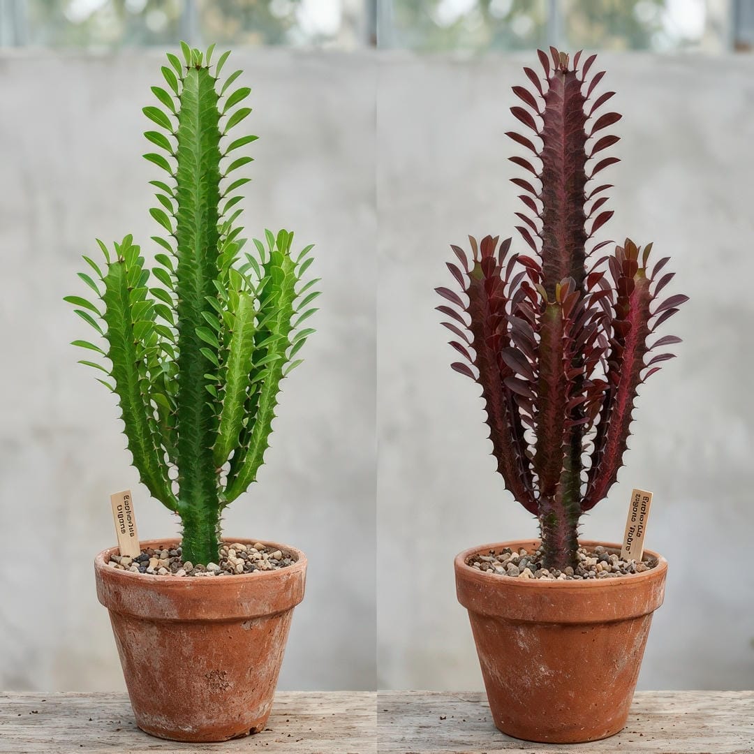 Side-by-side comparison of the standard green Euphorbia trigona and the deep burgundy Euphorbia trigona Rubra variety showing the dramatic color difference between the two forms with both displaying the characteristic triangular stemmed candelabra growth pattern