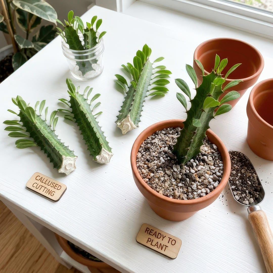 Several African Milk Tree stem cuttings with triangular stems and small leaves laid out on a bright surface beside pots of gritty succulent soil with some cuttings showing white callused cut ends ready for planting